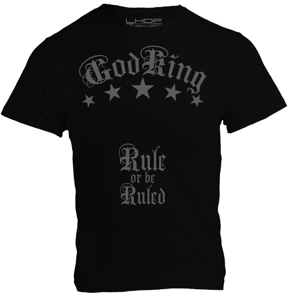 GodKing Rule or be Ruled t shirt in black flat lay front view, 100% cotton regular fit unisex tee