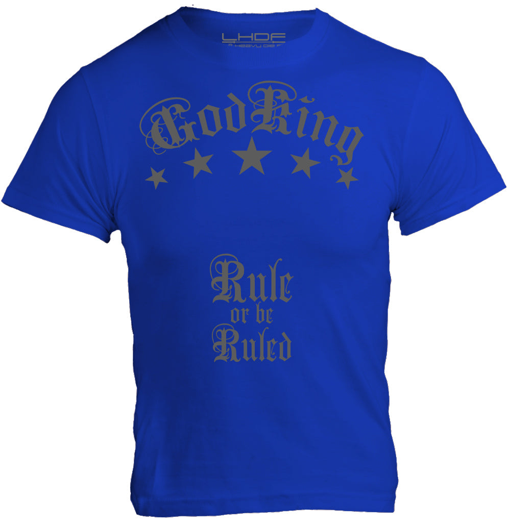 GodKing Rule or be Ruled unisex cotton t shirt in blue, front view with bold graphic print