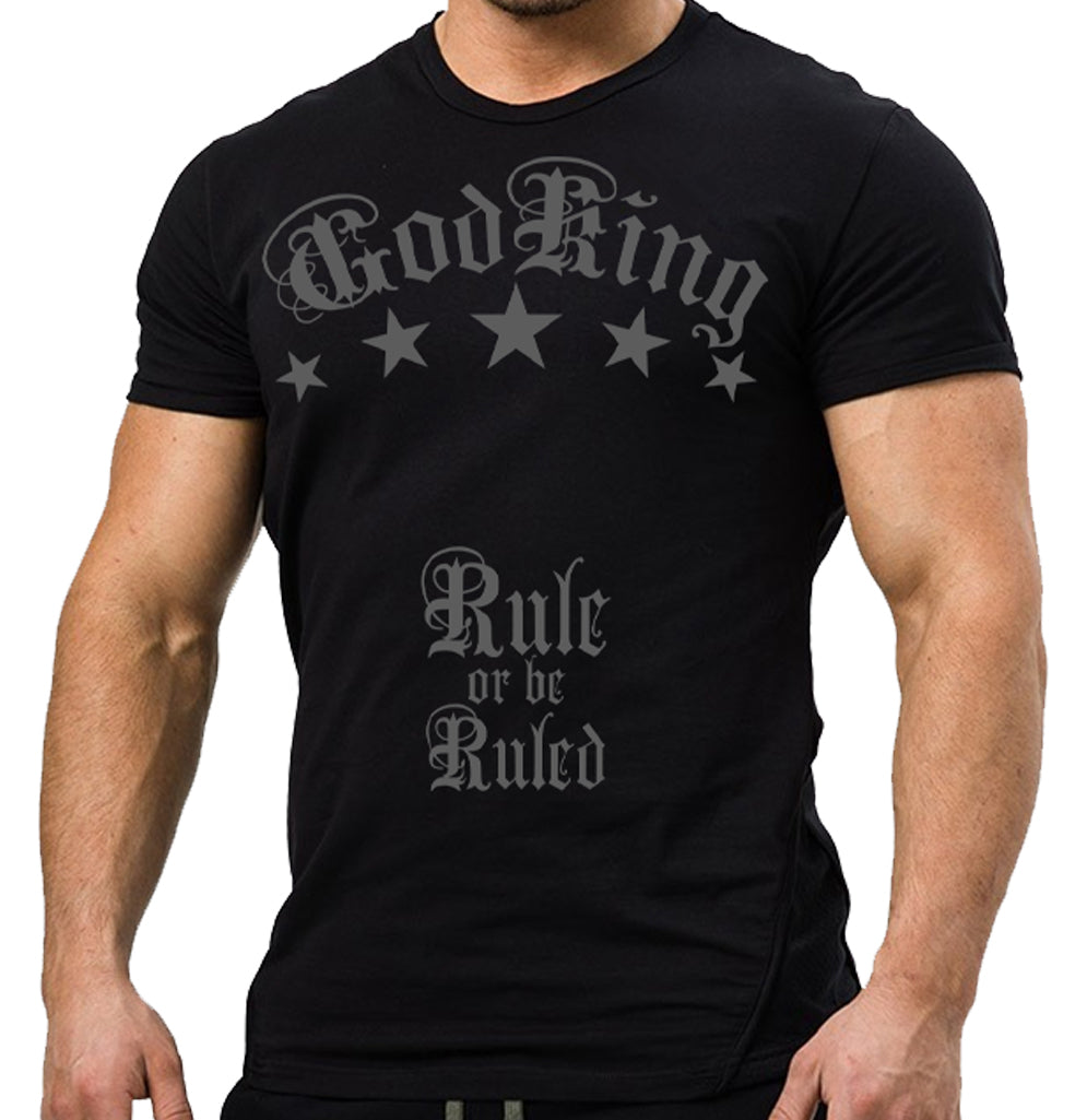 GodKing Rule or be Ruled unisex cotton t shirt in black worn by model, front view showing bold graphic print
