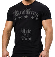 GodKing Rule or be Ruled unisex cotton t shirt in black worn by model, front view showing bold graphic print