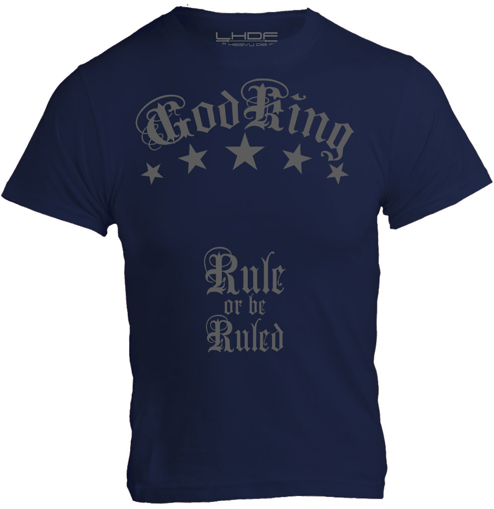 GodKing Rule or be Ruled unisex cotton t shirt in navy, front view with statement graphic design