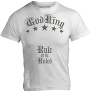 GodKing Rule or be Ruled unisex cotton t shirt in white, front view with contrast graphic print