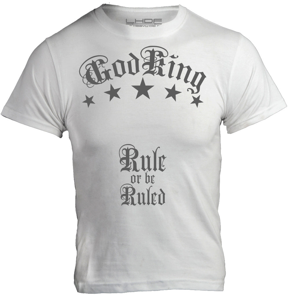 GodKing Rule or be Ruled unisex cotton t shirt in white, front view with contrast graphic print
