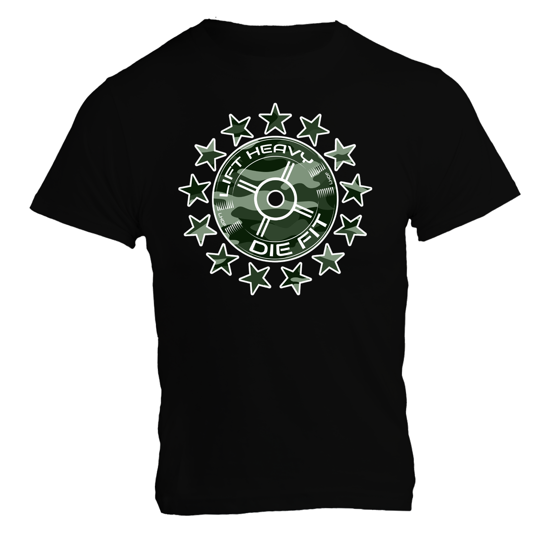 Camo 45lb Plate and Stars gym t shirt in black, front view showing camo plate graphic, unisex cotton tee