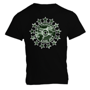 Camo 45lb Plate and Stars gym t shirt in black, front view showing camo plate graphic, unisex cotton tee