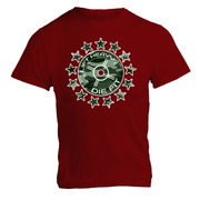 Camo 45lb Plate and Stars gym t shirt in burgundy, front view with bold plate and stars chest graphic