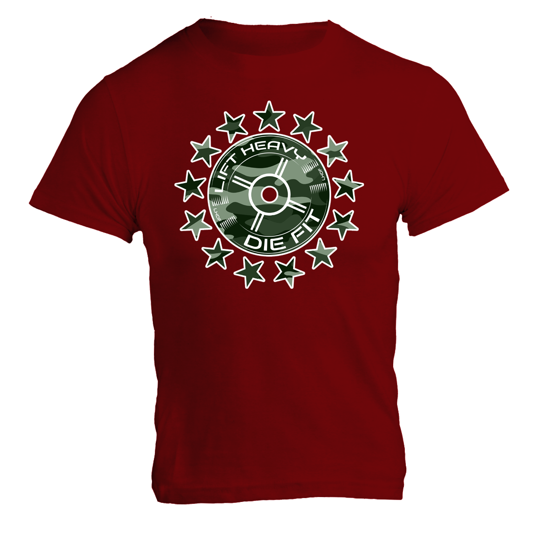 Camo 45lb Plate and Stars gym t shirt in burgundy, front view with bold plate and stars chest graphic