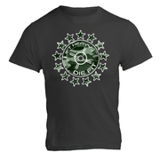 Camo 45lb Plate and Stars gym t shirt in dark grey, front view with camo weight plate and stars design