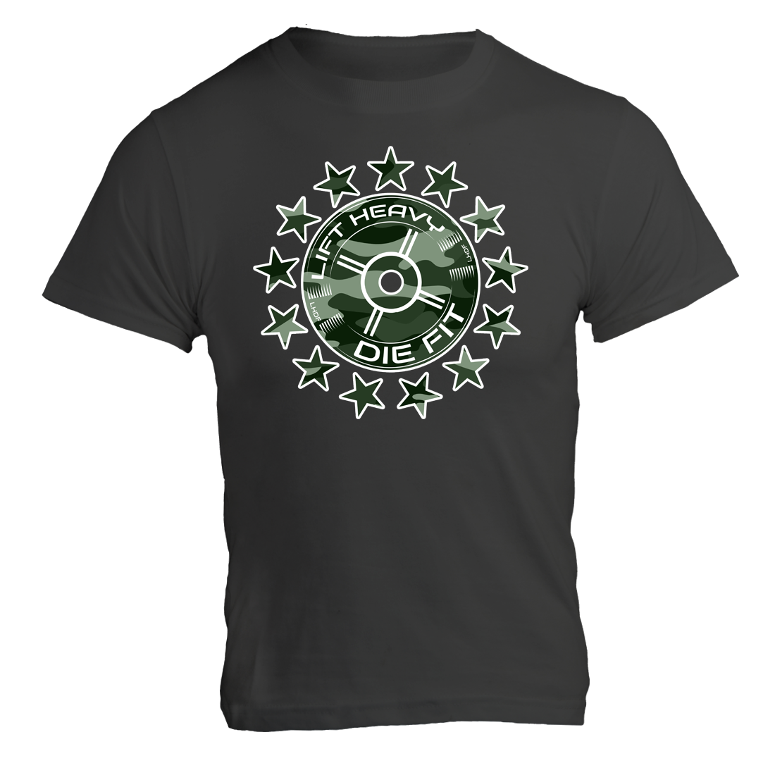 Camo 45lb Plate and Stars gym t shirt in dark grey, front view with camo weight plate and stars design