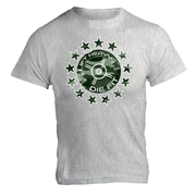 Camo 45lb Plate and Stars gym t shirt in heather grey, front view medium weight cotton unisex fit