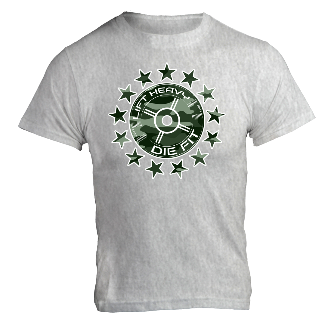 Camo 45lb Plate and Stars gym t shirt in heather grey, front view medium weight cotton unisex fit
