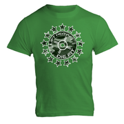 Camo 45lb Plate and Stars gym t shirt in kelly green, front view unisex regular fit cotton tee for lifters