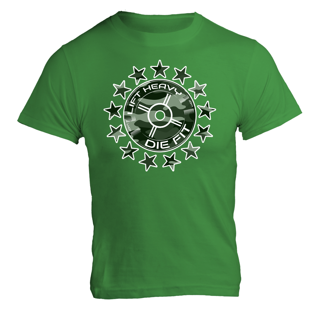 Camo 45lb Plate and Stars gym t shirt in kelly green, front view unisex regular fit cotton tee for lifters