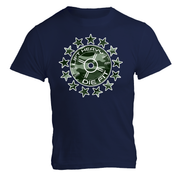 Camo 45lb Plate and Stars gym t shirt in navy, front view regular fit cotton tee with camo plate design