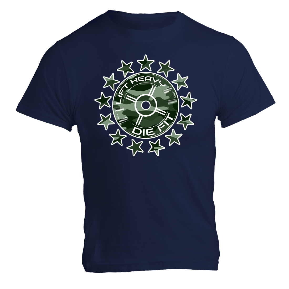 Camo 45lb Plate and Stars gym t shirt in navy, front view regular fit cotton tee with camo plate design