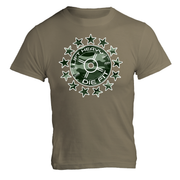 Camo 45lb Plate and Stars gym t shirt in olive, front view featuring camo barbell plate graphic design