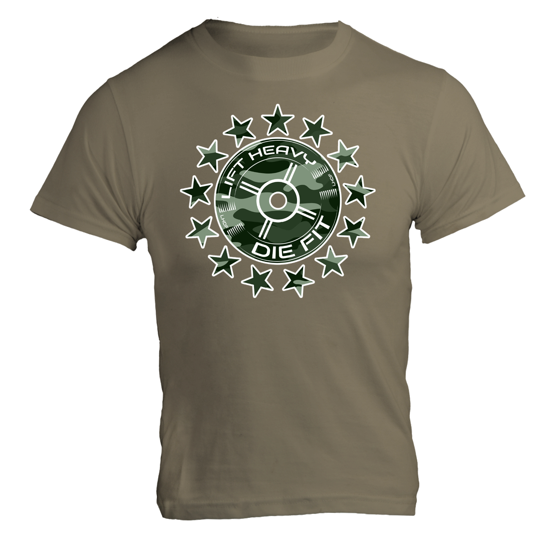 Camo 45lb Plate and Stars gym t shirt in olive, front view featuring camo barbell plate graphic design
