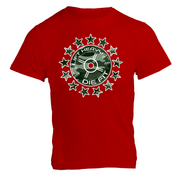Camo 45lb Plate and Stars gym t shirt in red, front view USA printed unisex tee for fitness enthusiasts
