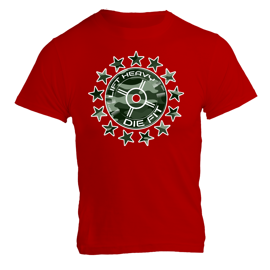 Camo 45lb Plate and Stars gym t shirt in red, front view USA printed unisex tee for fitness enthusiasts
