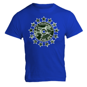 Camo 45lb Plate and Stars gym t shirt in royal blue, front view unisex weightlifting graphic tee