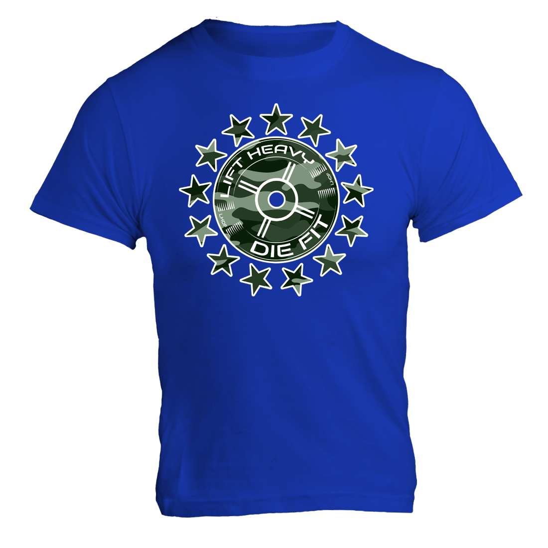 Camo 45lb Plate and Stars gym t shirt in royal blue, front view unisex weightlifting graphic tee