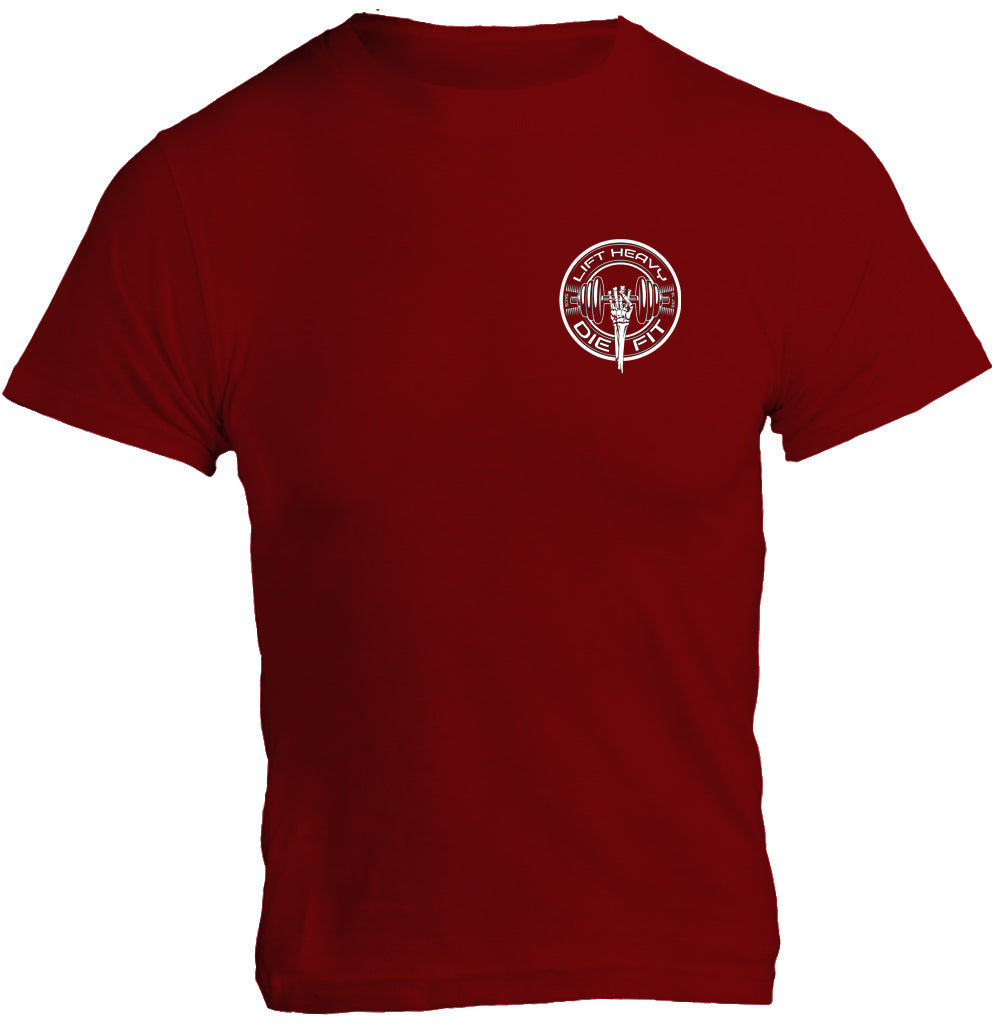 Lift Heavy Die Fit unisex cotton gym t shirt front view in burgundy with printed graphic for men and women