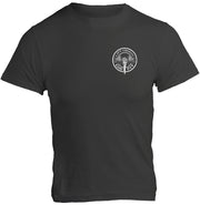Lift Heavy Die Fit unisex cotton gym t shirt front view in dark grey with bold training graphic