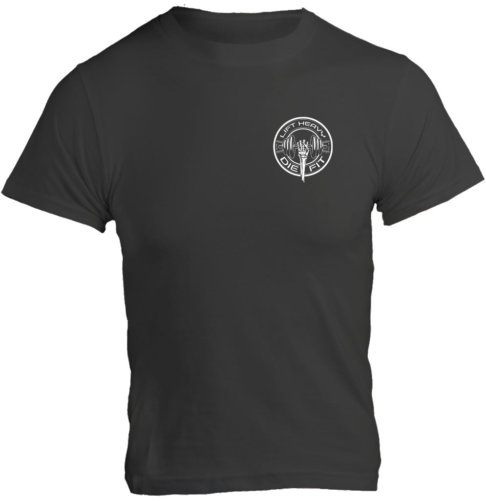 Lift Heavy Die Fit unisex cotton gym t shirt front view in dark grey with bold training graphic