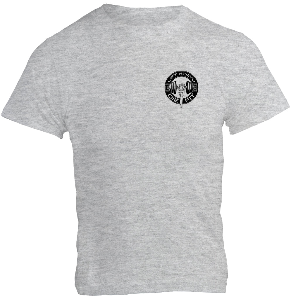 Lift Heavy Die Fit unisex cotton gym t shirt front view in heather grey with bold training print