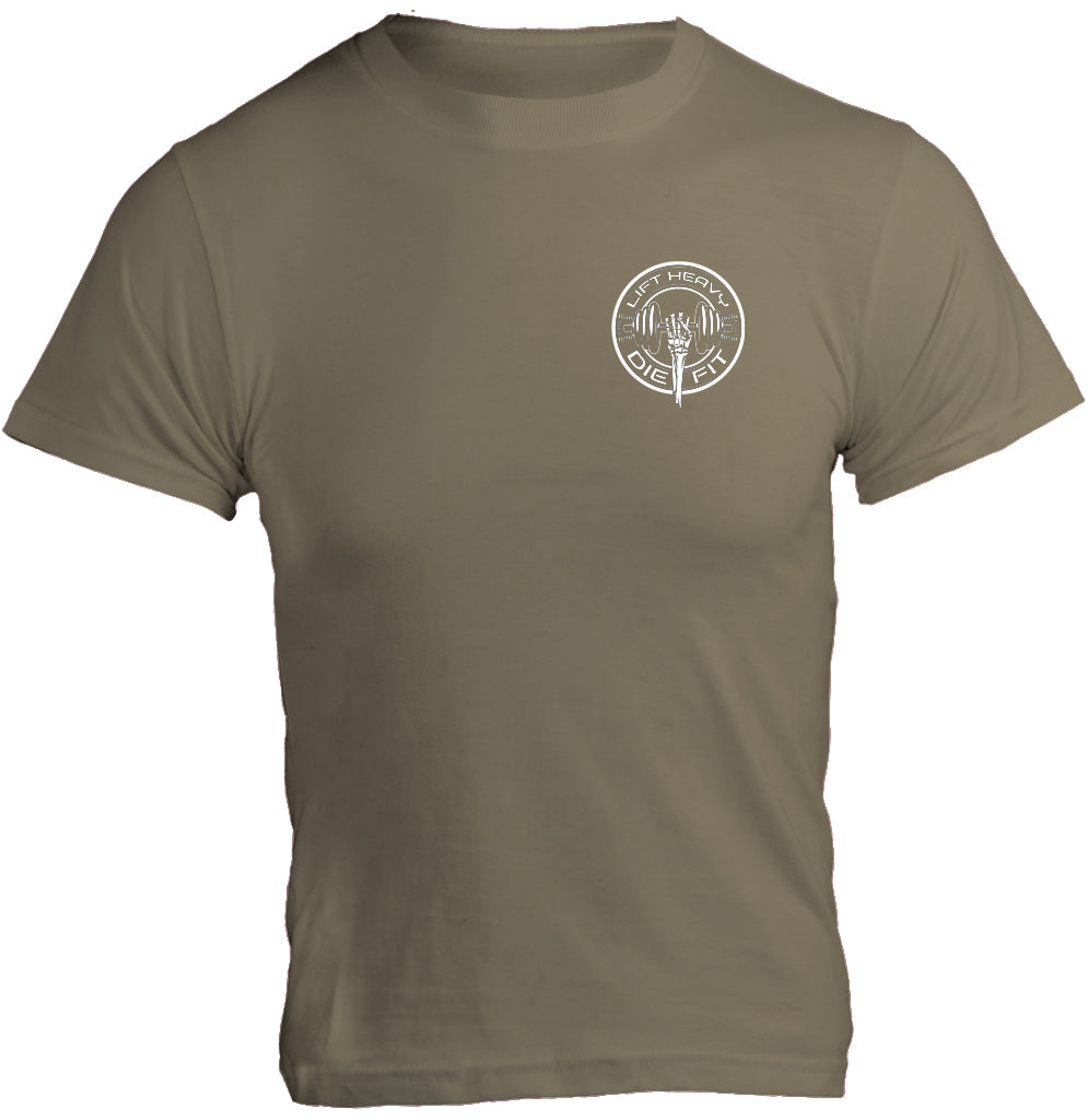 Lift Heavy Die Fit unisex cotton gym t shirt front view in light olive with graphic design for lifters