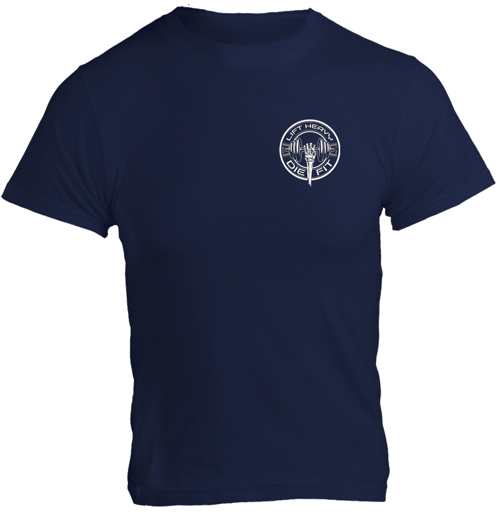 Lift Heavy Die Fit unisex cotton gym t shirt front view in navy with printed weightlifting design