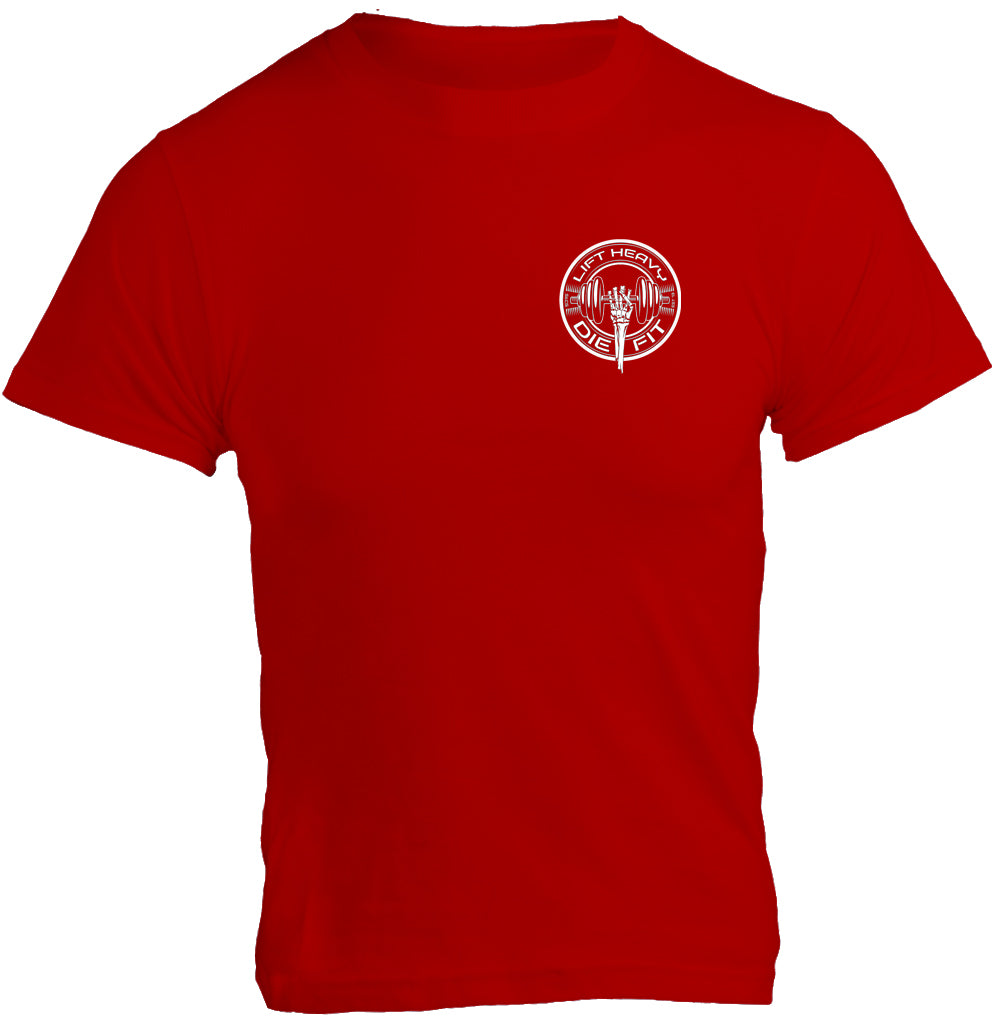Lift Heavy Die Fit unisex cotton gym t shirt front view in red with bold graphic for athletes
