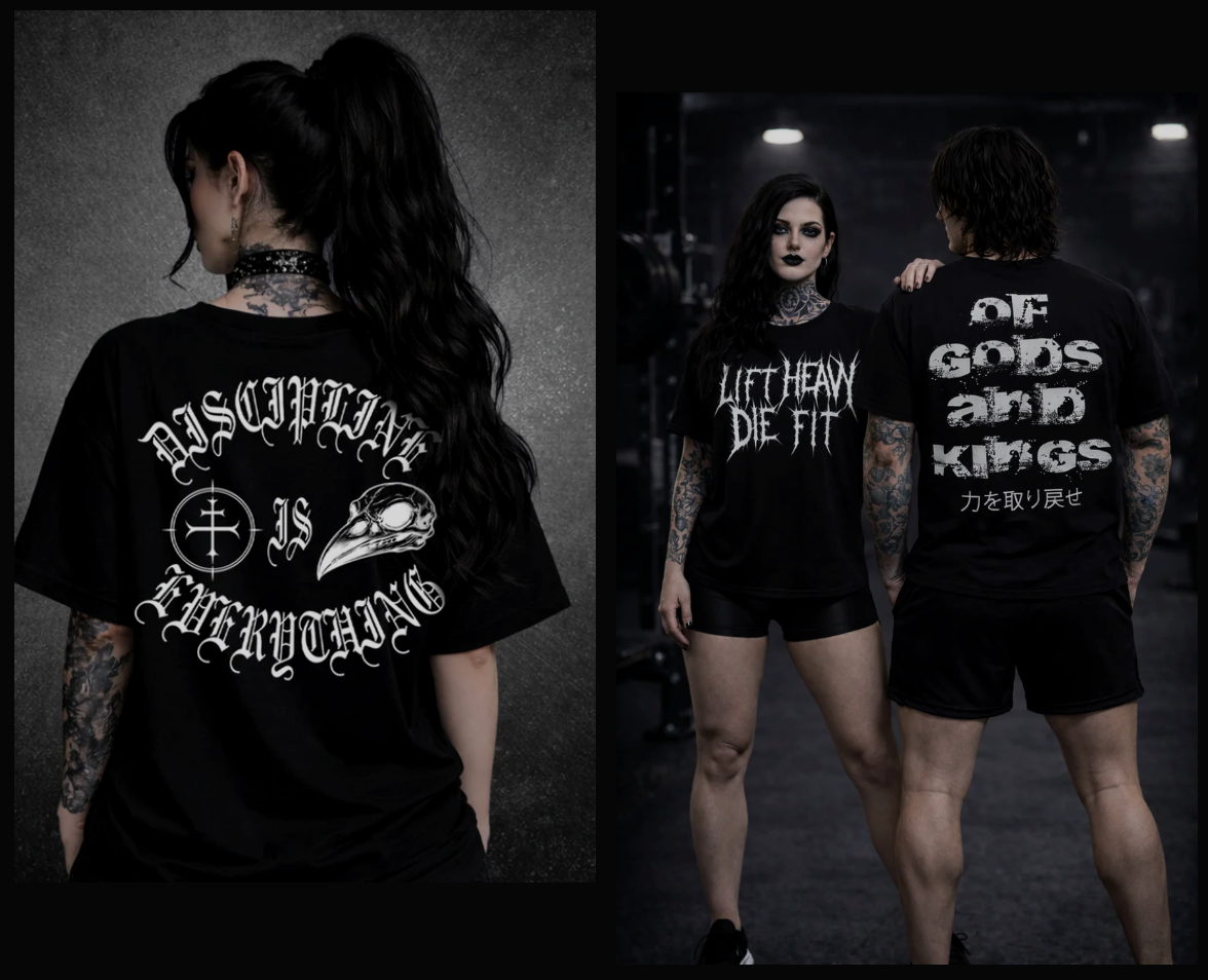 Two individuals wearing black t-shirts with text and graphics, one in a gym setting.