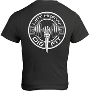 Lift Heavy Die Fit unisex cotton gym t shirt back view in dark grey showing rear print detail