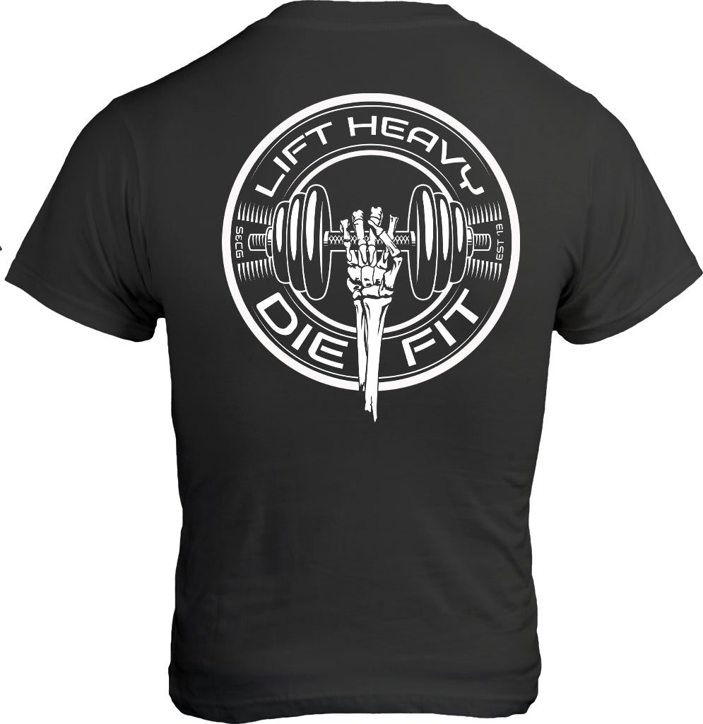 Lift Heavy Die Fit unisex cotton gym t shirt back view in dark grey showing rear print detail