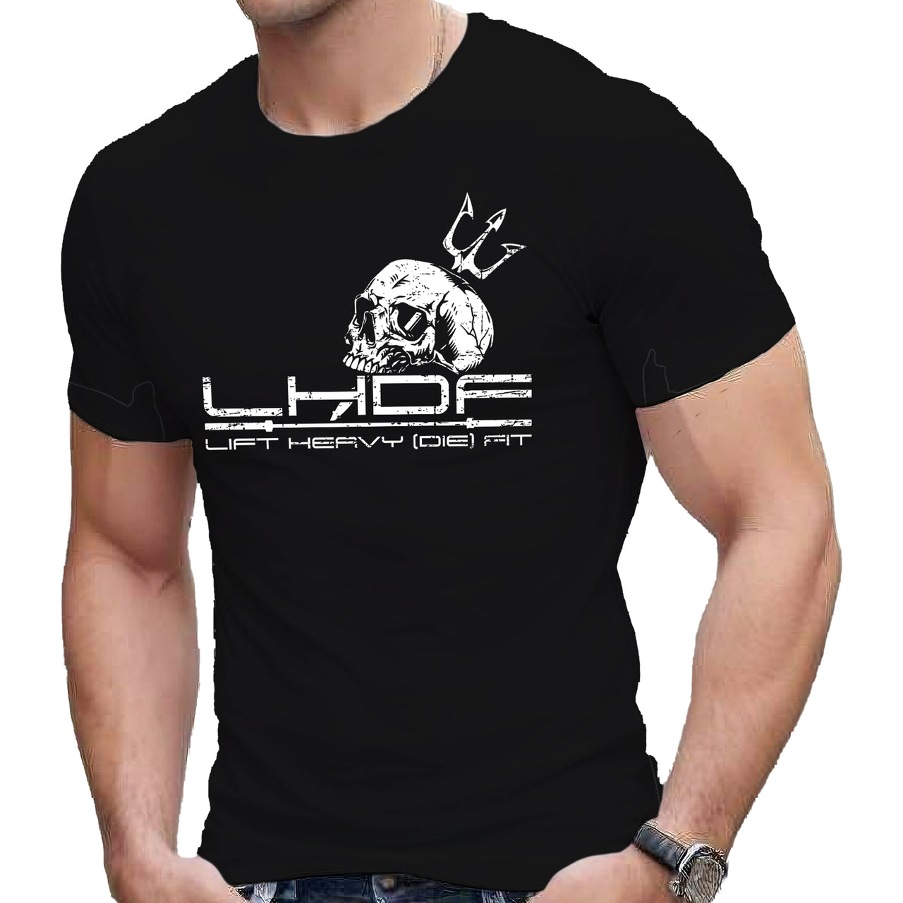 Skull and Trident Lift Heavy Die Fit t shirt in black, front view on model, medium weight cotton unisex gym tee
