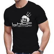 Skull and Trident Lift Heavy Die Fit t shirt in black, front view on model, medium weight cotton unisex gym tee