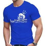 Skull and Trident Lift Heavy Die Fit t shirt in blue, front view on model, medium weight cotton gym shirt
