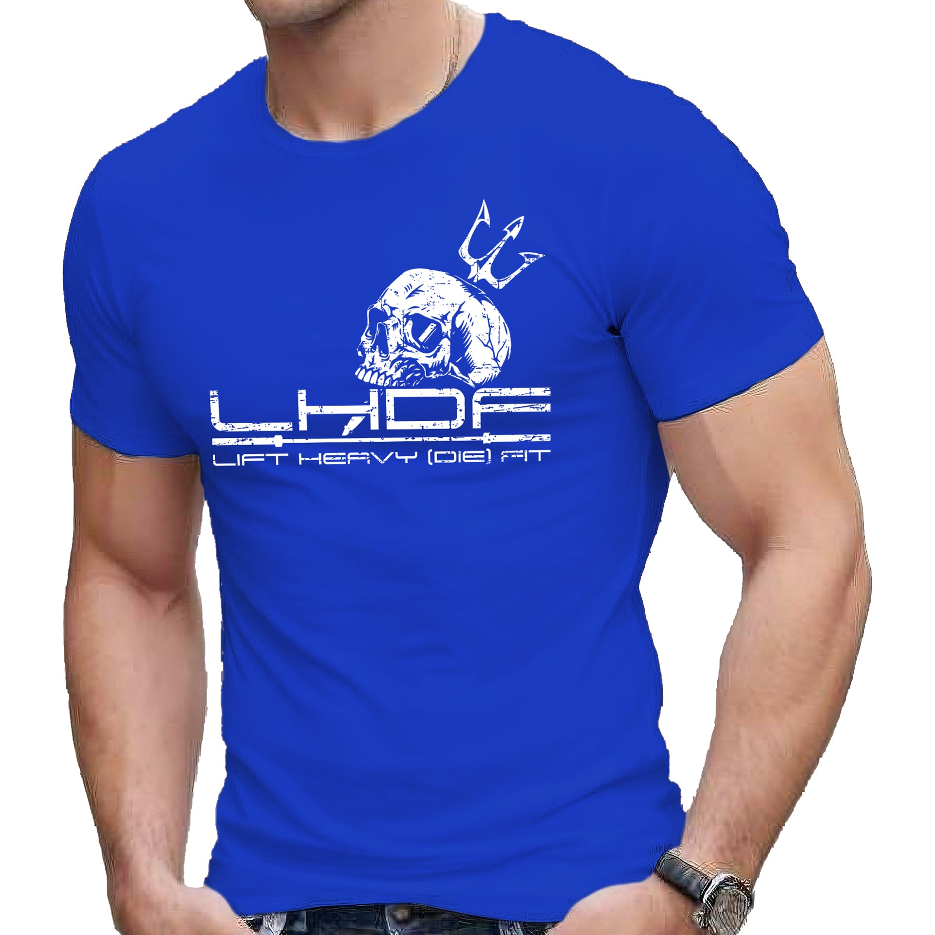 Skull and Trident Lift Heavy Die Fit t shirt in blue, front view on model, medium weight cotton gym shirt