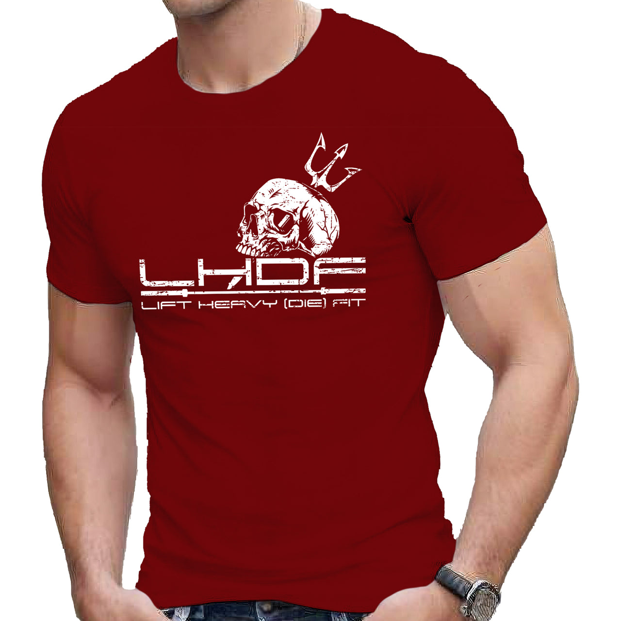 Skull and Trident Lift Heavy Die Fit t shirt in burgundy, front view on model, unisex regular fit gym graphic tee