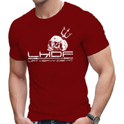 Skull and Trident Lift Heavy Die Fit t shirt in burgundy, front view on model, unisex regular fit gym graphic tee