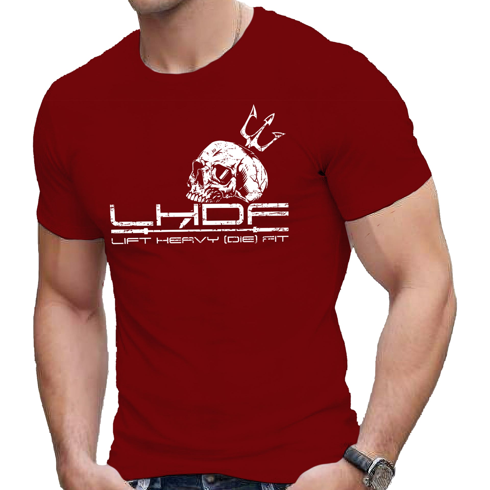 Skull and Trident Lift Heavy Die Fit t shirt in burgundy, front view on model, unisex regular fit gym graphic tee