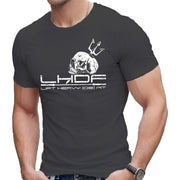 Skull and Trident Lift Heavy Die Fit t shirt in dark grey, front view on model, unisex fitness graphic tee