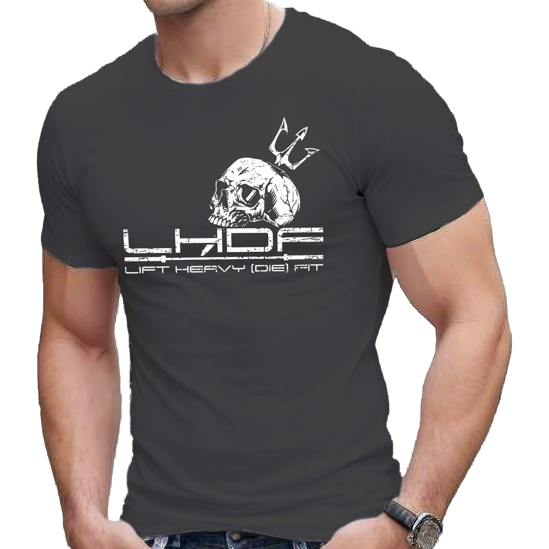 Skull and Trident Lift Heavy Die Fit t shirt in dark grey, front view on model, unisex fitness graphic tee