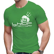 Skull and Trident Lift Heavy Die Fit t shirt in kelly green, front view on model, USA printed unisex gym shirt