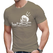 Skull and Trident Lift Heavy Die Fit t shirt in light olive, front view on model, regular fit cotton gym tee