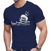 Skull and Trident Lift Heavy Die Fit t shirt in navy, front view on model, unisex regular fit cotton tee