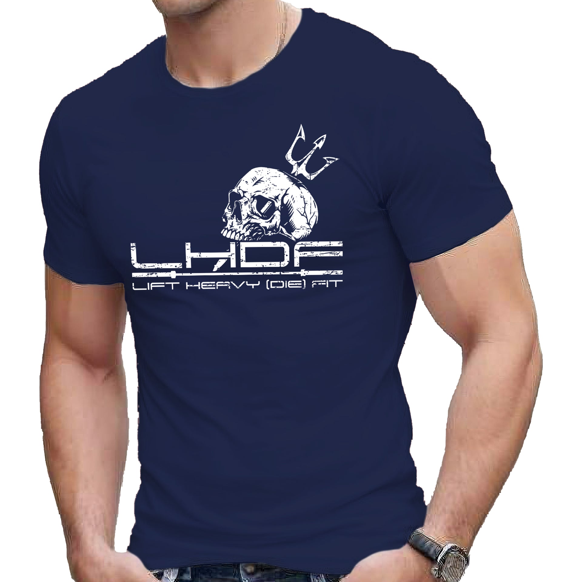 Skull and Trident Lift Heavy Die Fit t shirt in navy, front view on model, unisex regular fit cotton tee