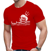 Skull and Trident Lift Heavy Die Fit t shirt in red, front view on model, cotton gym tee with bold graphic