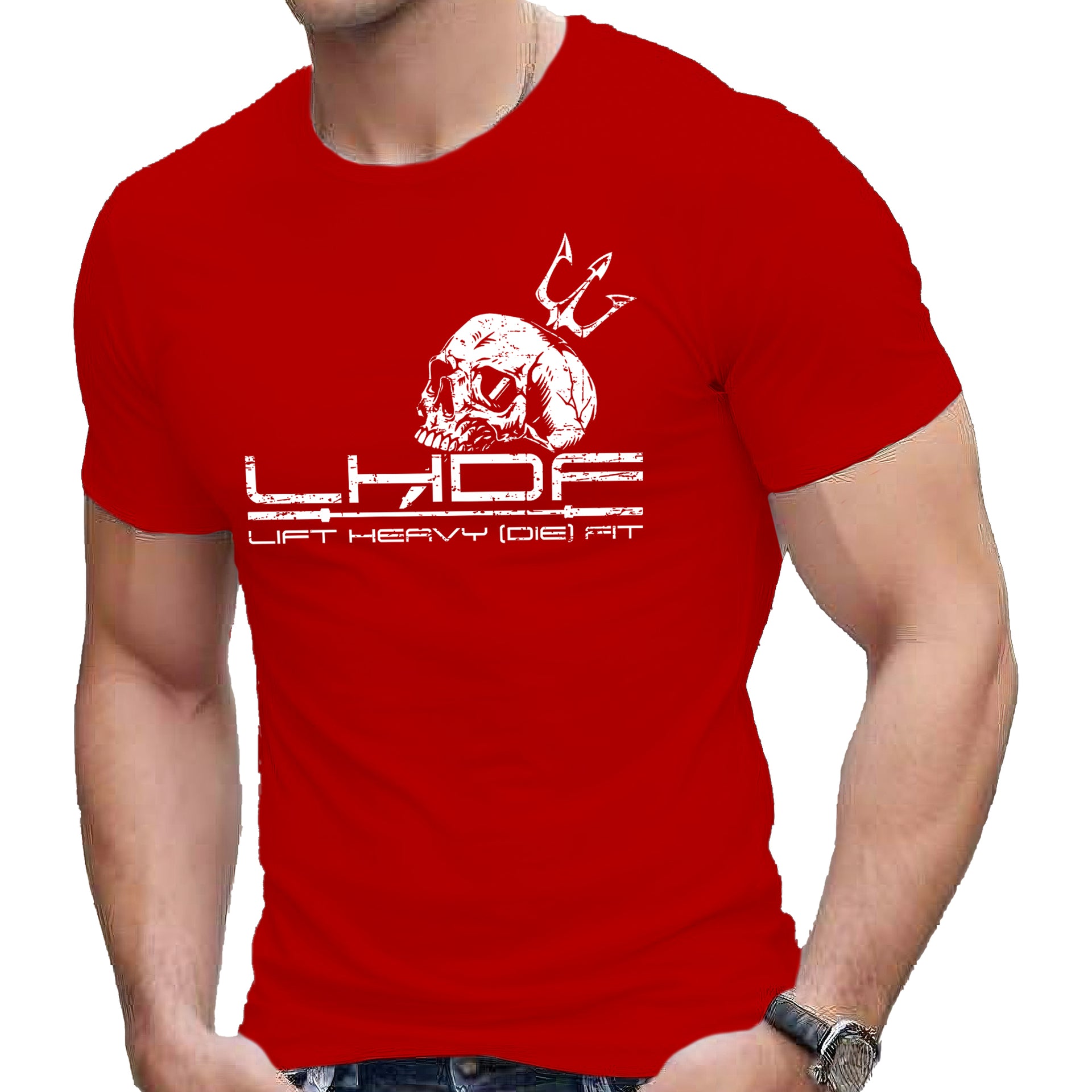 Skull and Trident Lift Heavy Die Fit t shirt in red, front view on model, cotton gym tee with bold graphic